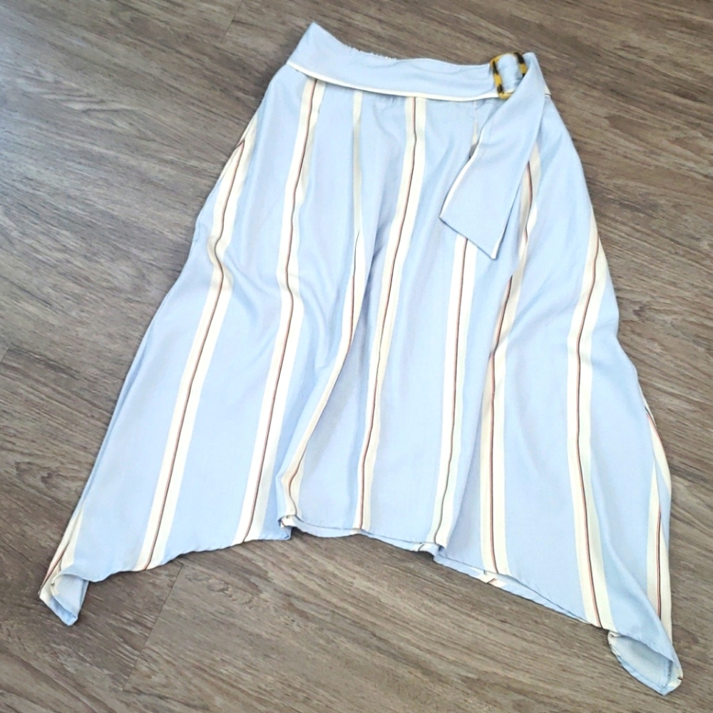 🌺 Modcloth Ophelia Roe Blue Belted Striped Flared Asymmetrical Skirt S